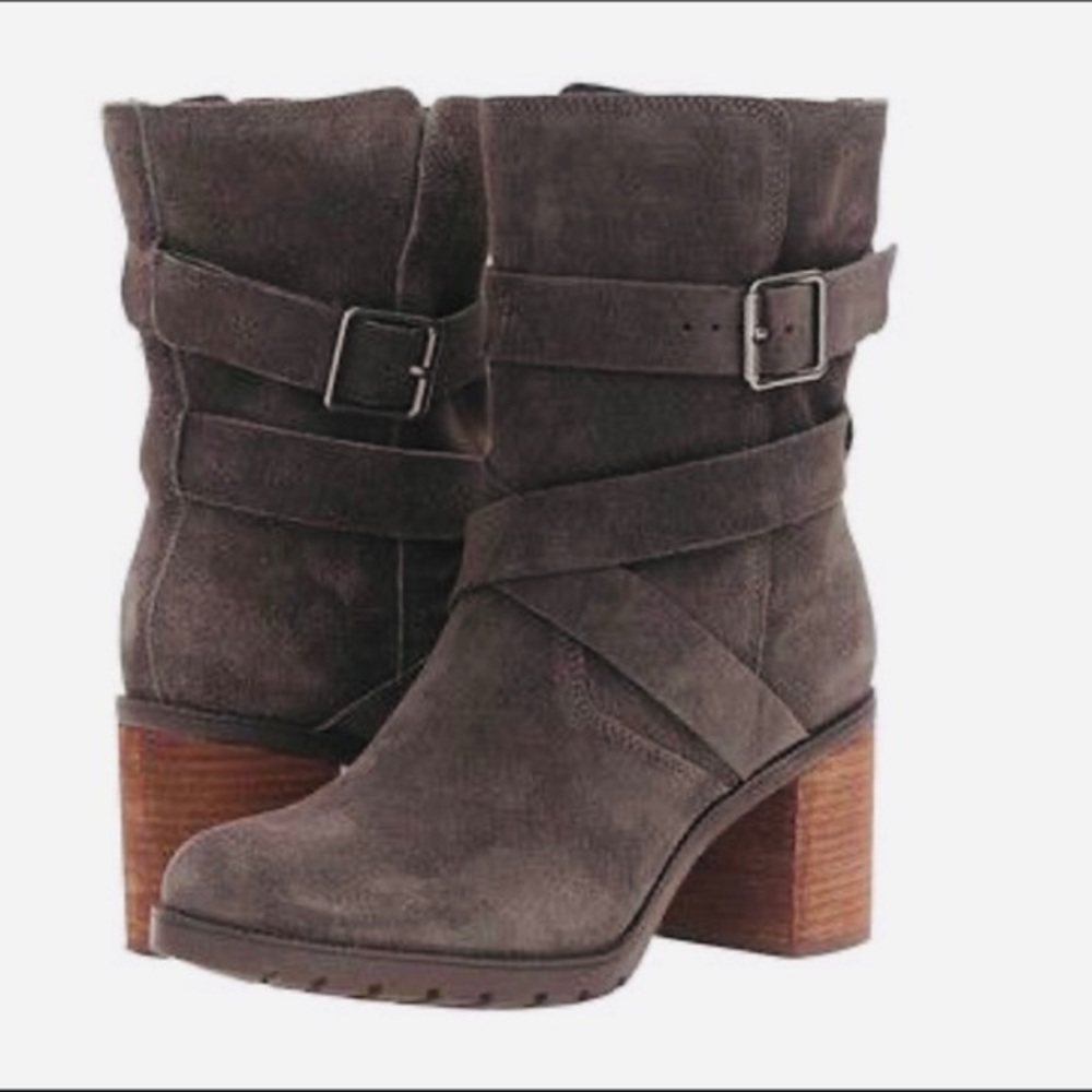 Clarks Gray Suede Mid-Calf Heeled Boots